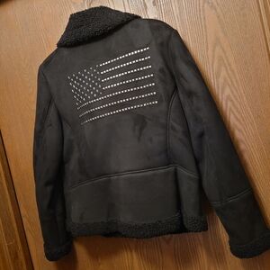 Sheryl Crow Americana Black Faux Suede Sherpa Studded Flag Design Moto Jacket M